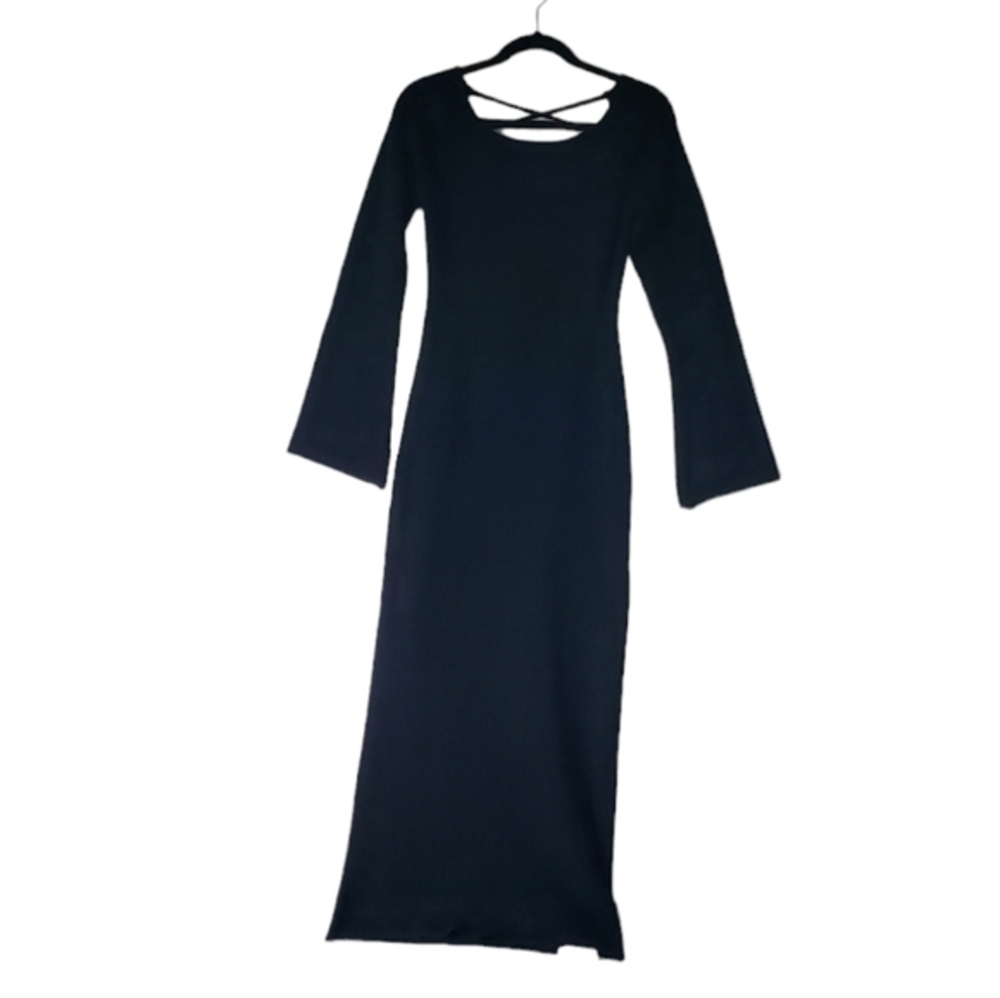 Commense Black‎ Knit Soft Sweater Long Dress Open Tied Back Size Small Women NWT